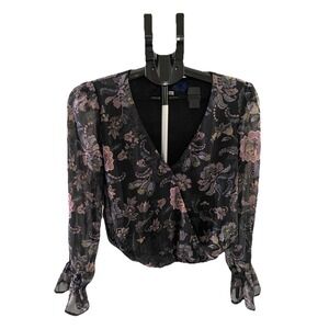 Blue Rain Ladies Blouse M Black Sparkly  Floral Snap Closure Flounce Sleeve